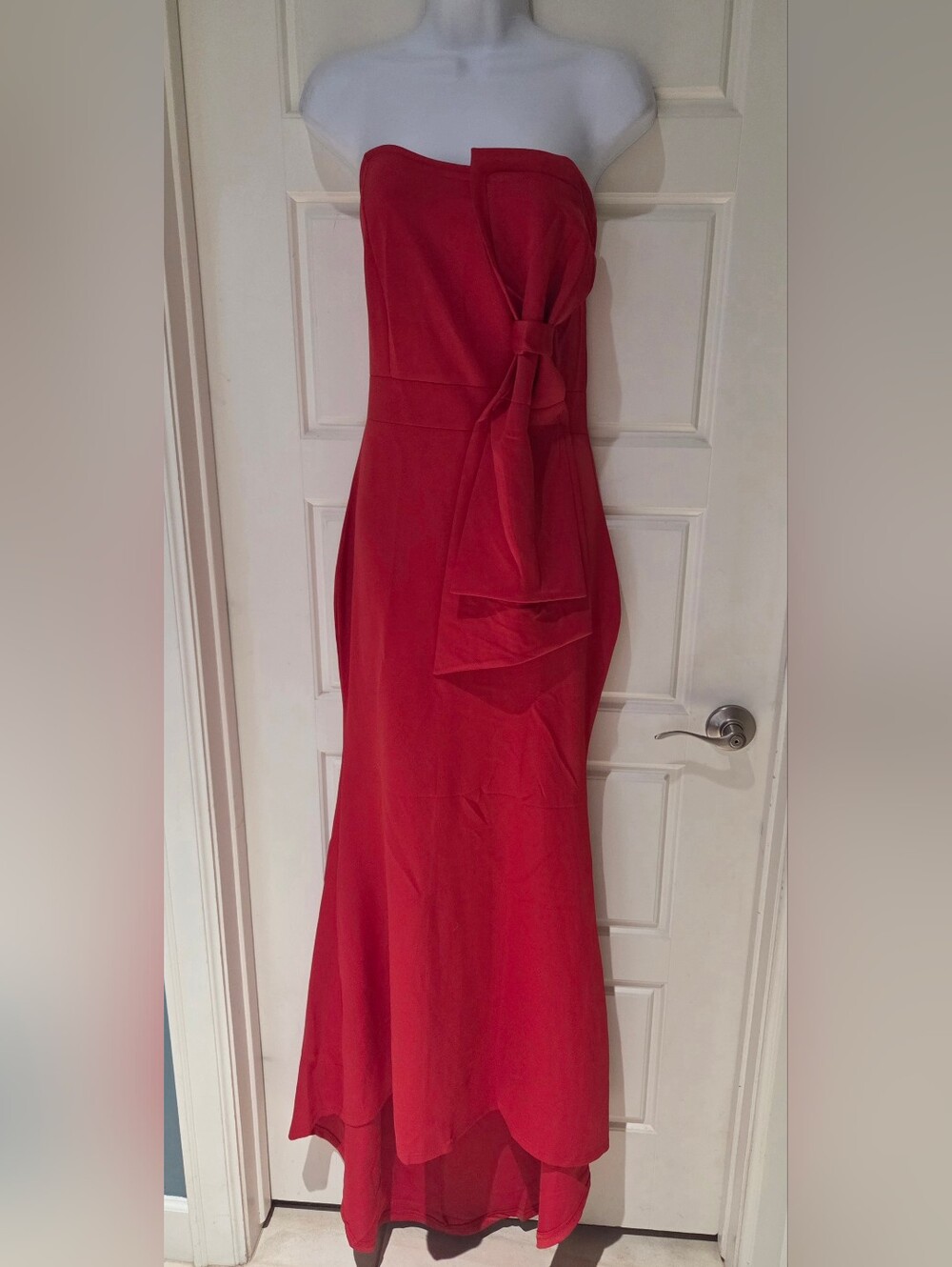 Formal Red Hi-Low Maxi Dress With Vertical Bow